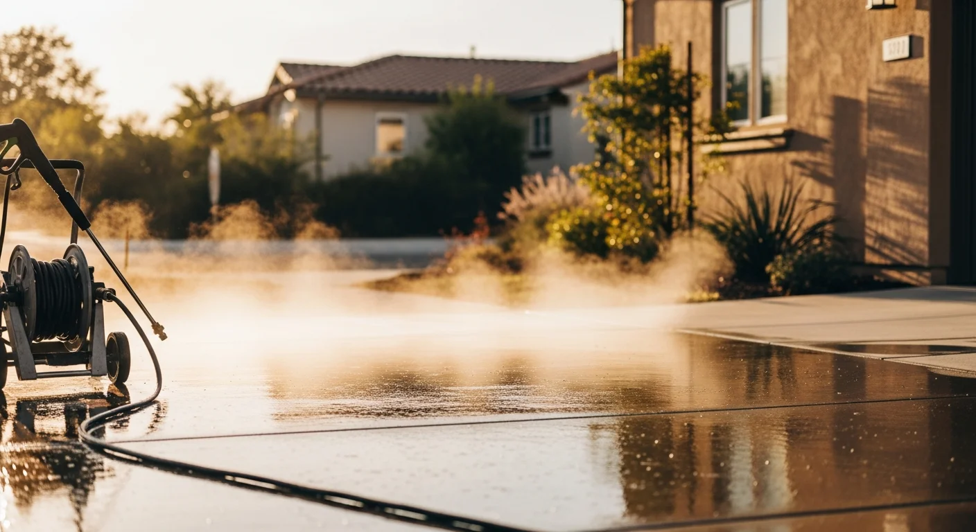 Professional surface cleaning technician pressure washing a concrete driveway in San Diego