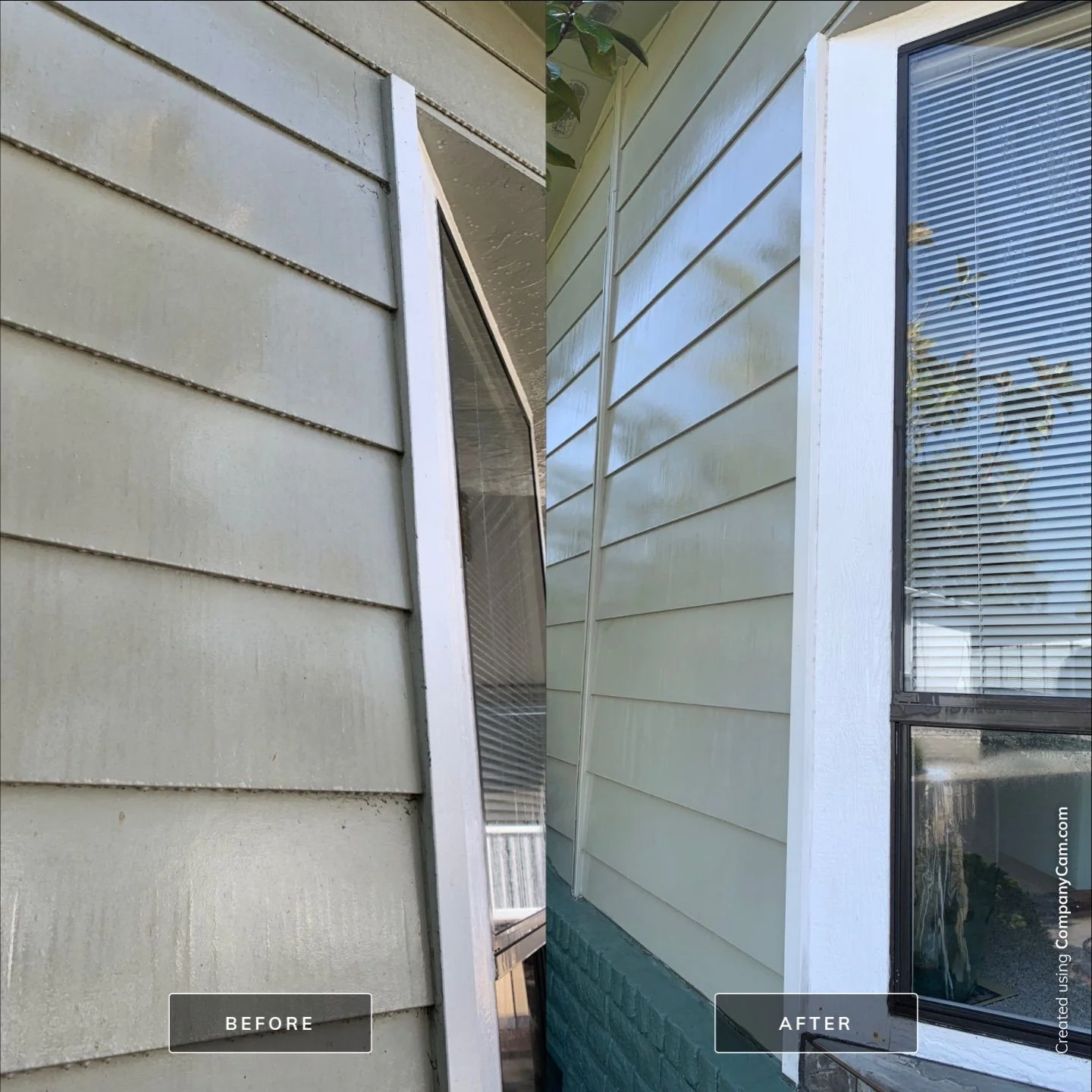 Before and after window cleaning showing dirty versus clean residential windows and siding