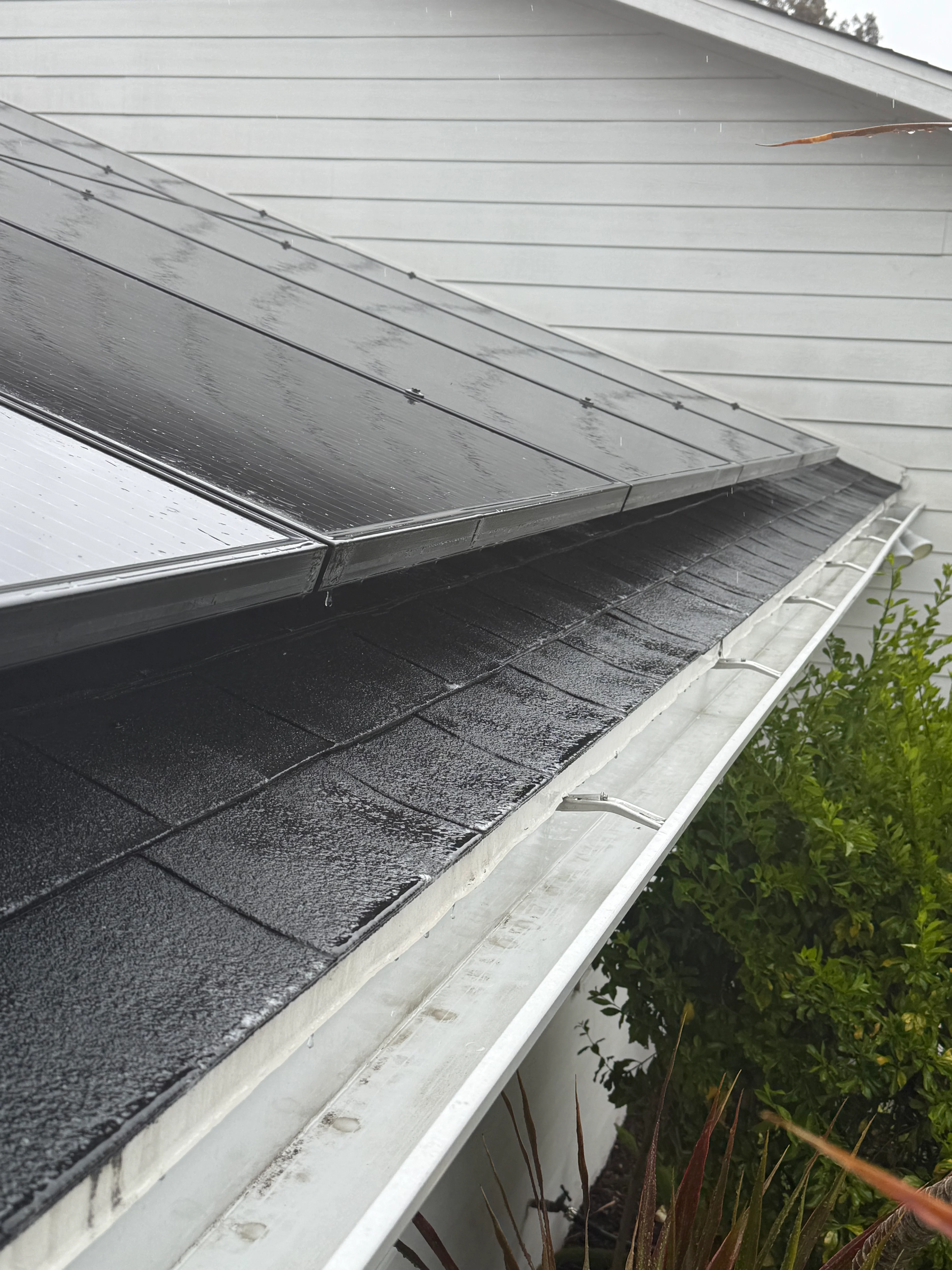 Clean solar panels and white gutters on residential roof with vegetation below