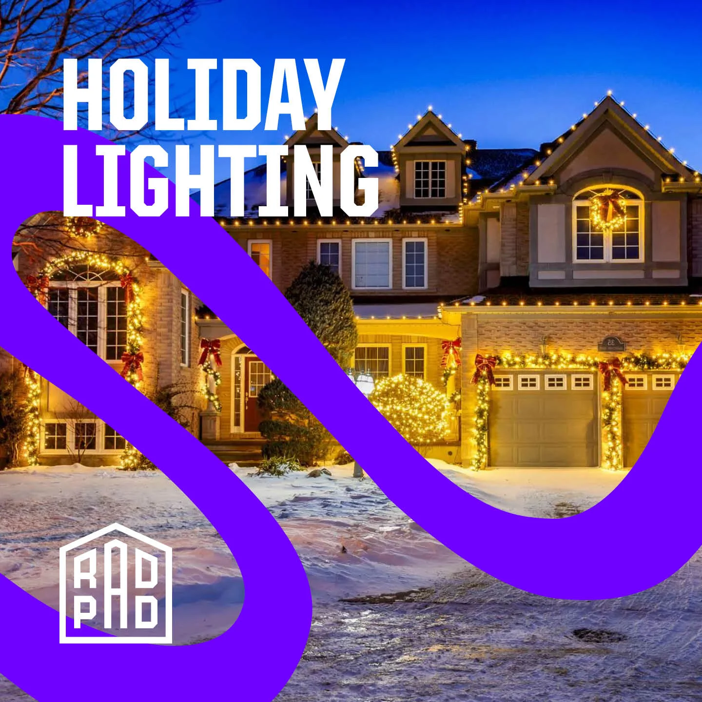 Two-story brick home with professionally cleaned windows and warm holiday lighting at dusk