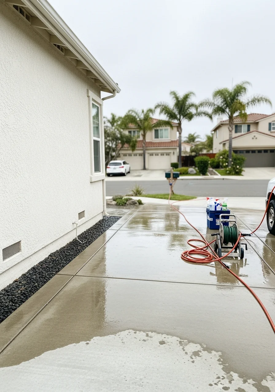 Team member and customer discussing completed work at an Oceanside property.