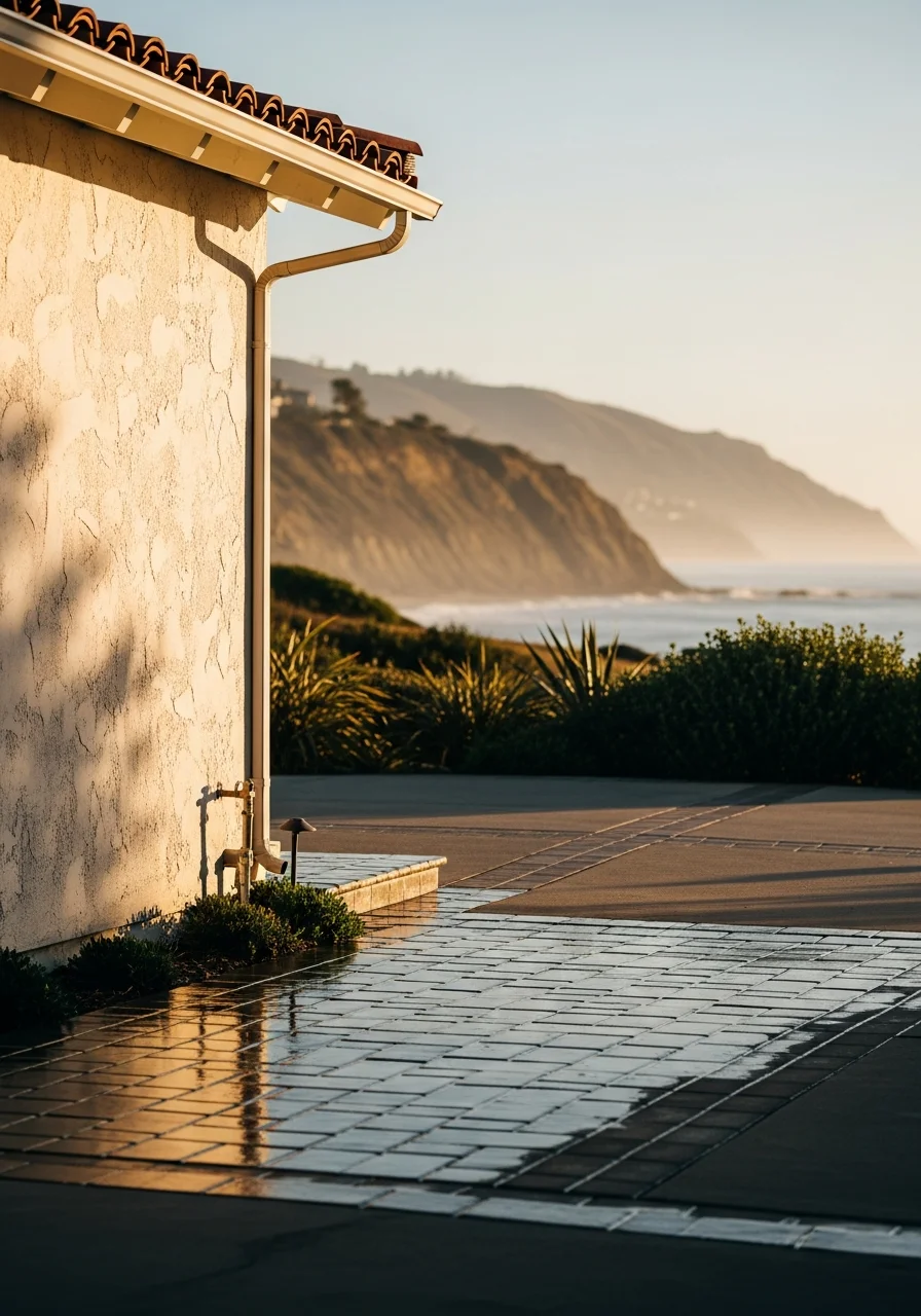 Customer standing in front of their Solana Beach residence with ocean bluff in background.