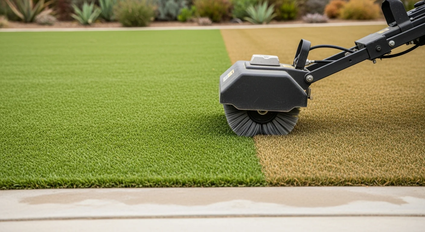 A Solana Beach backyard with freshly cleaned artificial turf showing upright green fibers and a clear, debris-free surface. A RadPad technician uses a powered grooming tool across the turf in a coastal residential yard.