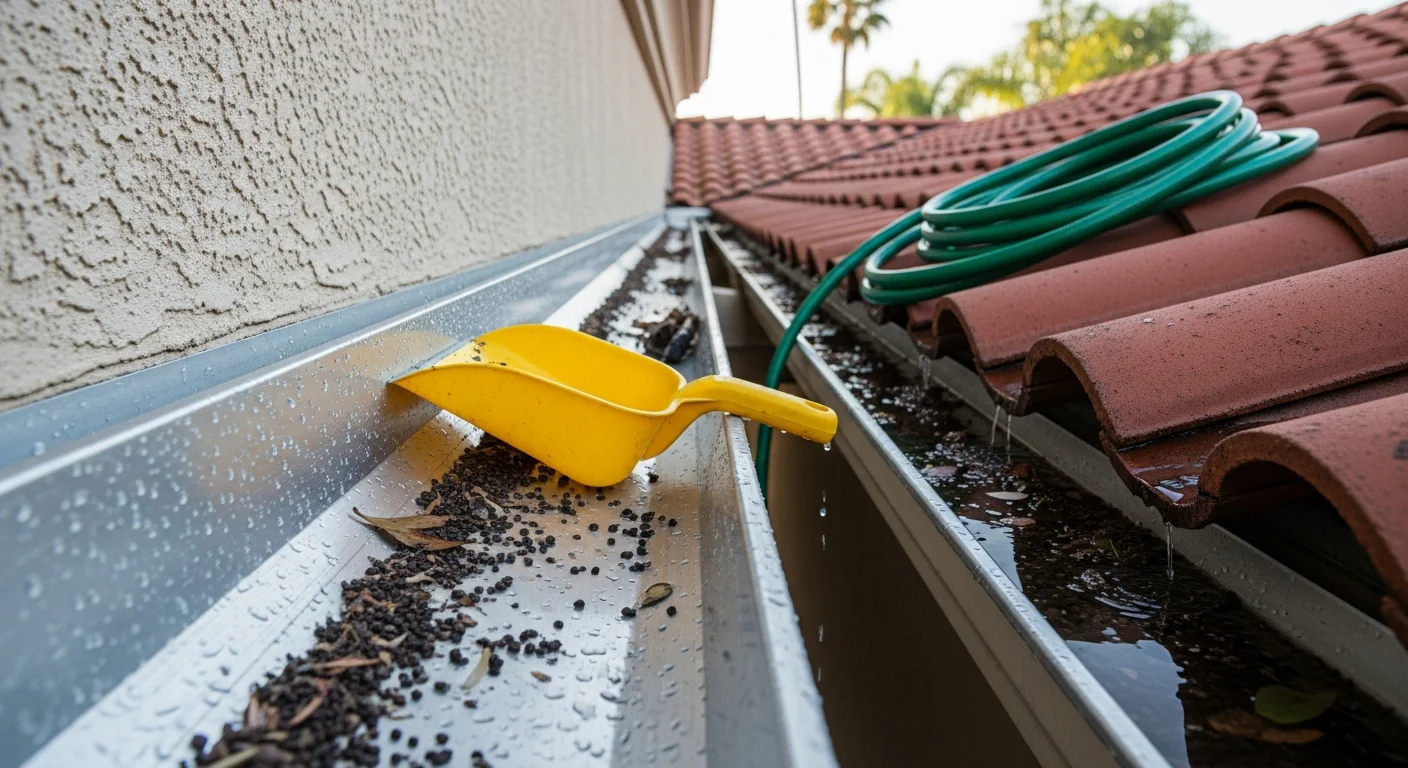 A RadPad crew member clearing compacted leaf and palm debris from a commercial building's gutter channel in Solana Beach, CA. The downspout below is flushed clean and water flows freely at ground level.
