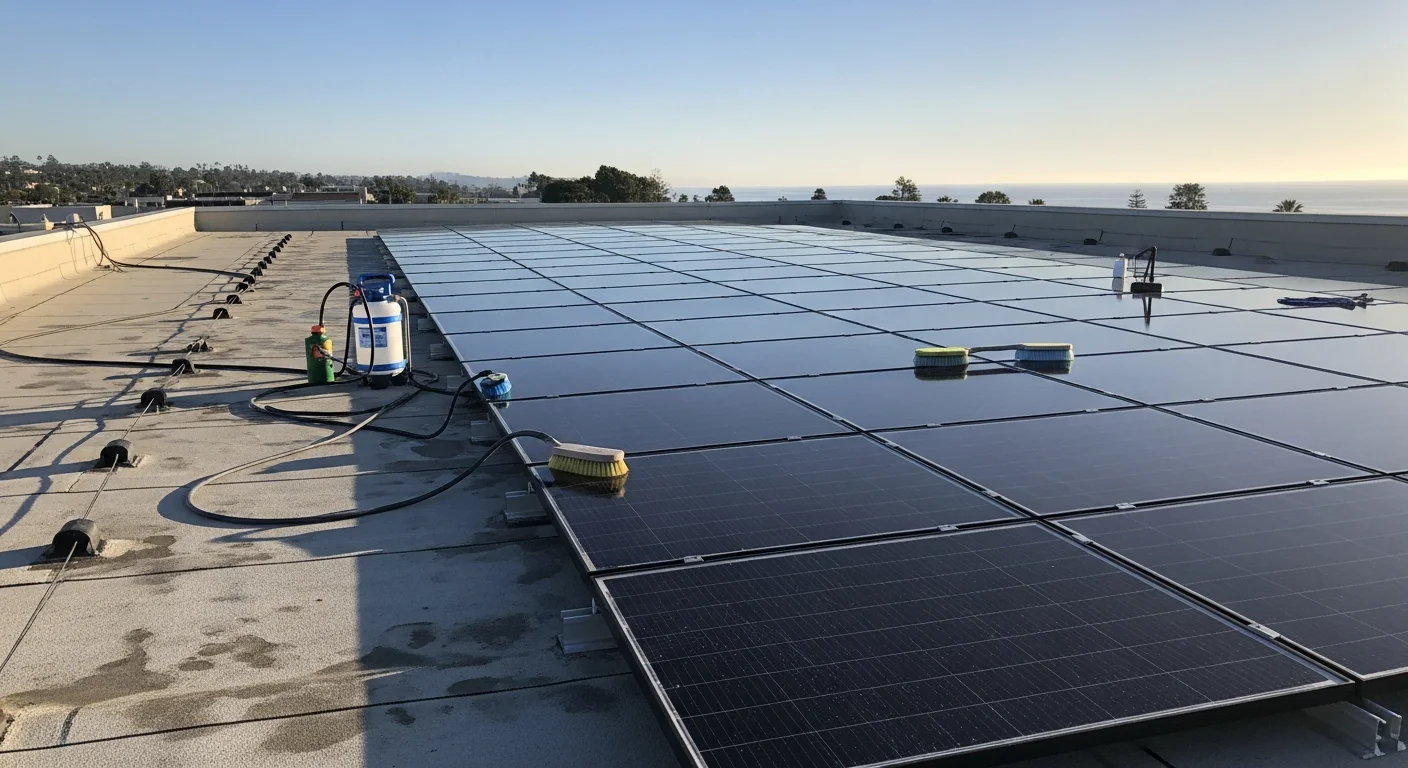 A commercial rooftop solar array on a Solana Beach office building being cleaned by a technician using soft-contact tools and filtered water. The panels show visible marine film and salt residue being removed from the glass surface.