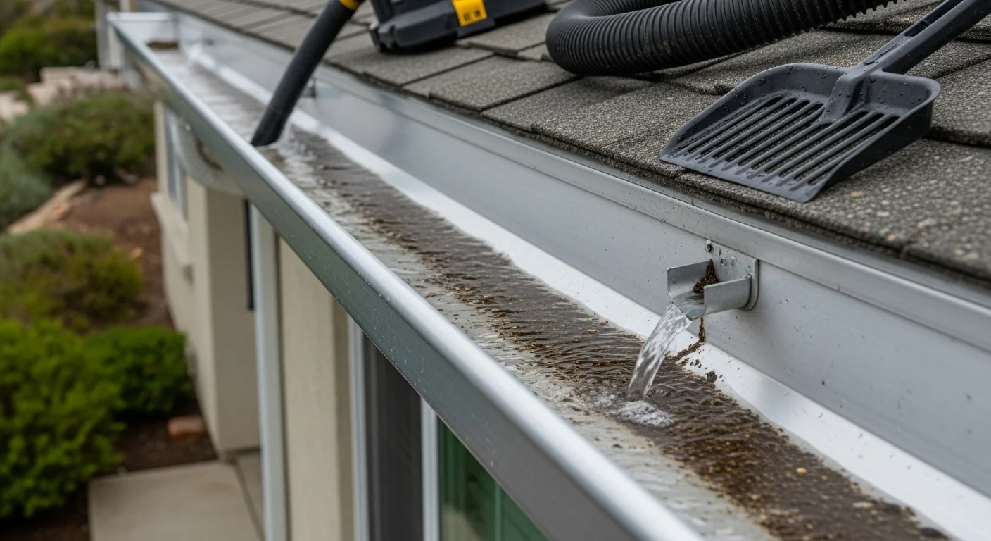 A Solana Beach home's downspout with water flowing cleanly from the outlet onto a concrete splash block after a gutter flushing service. The gutter above runs along a coastal single-story roofline with no visible debris or standing water.