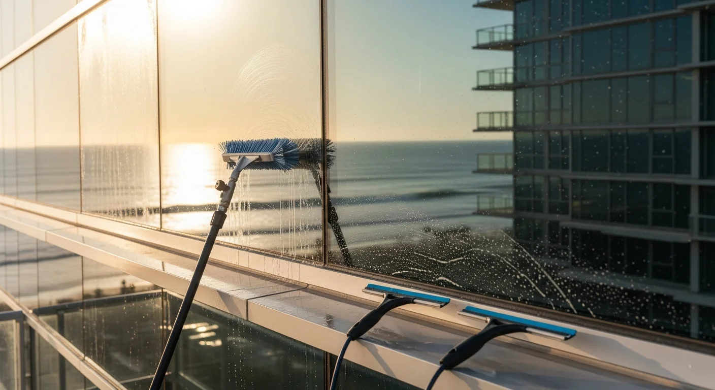 A professional window cleaning technician working from a suspended platform on the exterior of a multi-story building in Solana Beach, California. The cleaned glass panels reflect clear coastal sky, with the Pacific Ocean visible in the background.