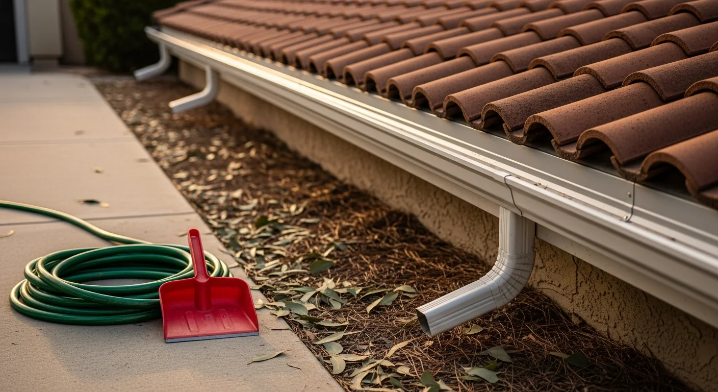 A RadPad technician clearing packed leaf and debris buildup from the gutters of a single-family home in Solana Beach, California. Downspouts are visible along the exterior wall with the home's coastal landscaping in the background.