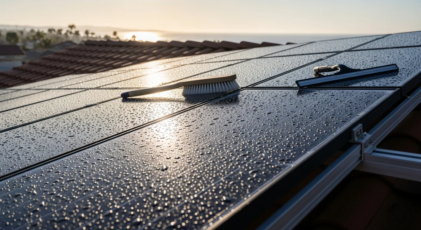 A technician cleaning rooftop solar panels on a residential home in Solana Beach, California, with the coastal sky visible in the background. Panel glass is being cleared of salt film and debris using a soft-contact water-fed cleaning tool.