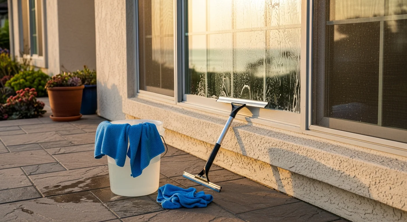 A residential window cleaner working on the exterior glass of a coastal home in Solana Beach, CA, with clear blue skies visible in the reflection. The cleaned windows show no salt film or streaking, with an ocean view visible through the glass.
