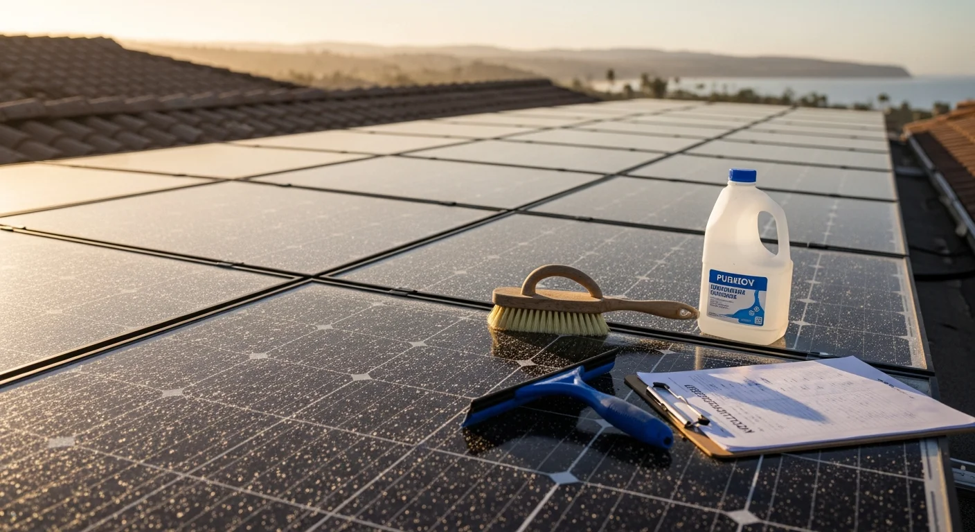 A RadPad technician cleaning rooftop solar panels on a Solana Beach home, removing coastal salt residue and bird droppings from panel glass. The Pacific coastline is visible in the background under clear Southern California skies.