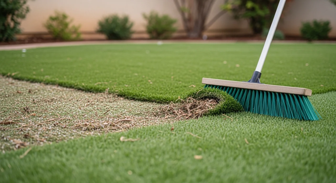 A clean artificial turf lawn at a compact Solana Beach residential property after debris removal, with upright blades and no visible leaf or pet hair buildup. The surface shows even infill distribution and clear drainage channels between turf fibers.