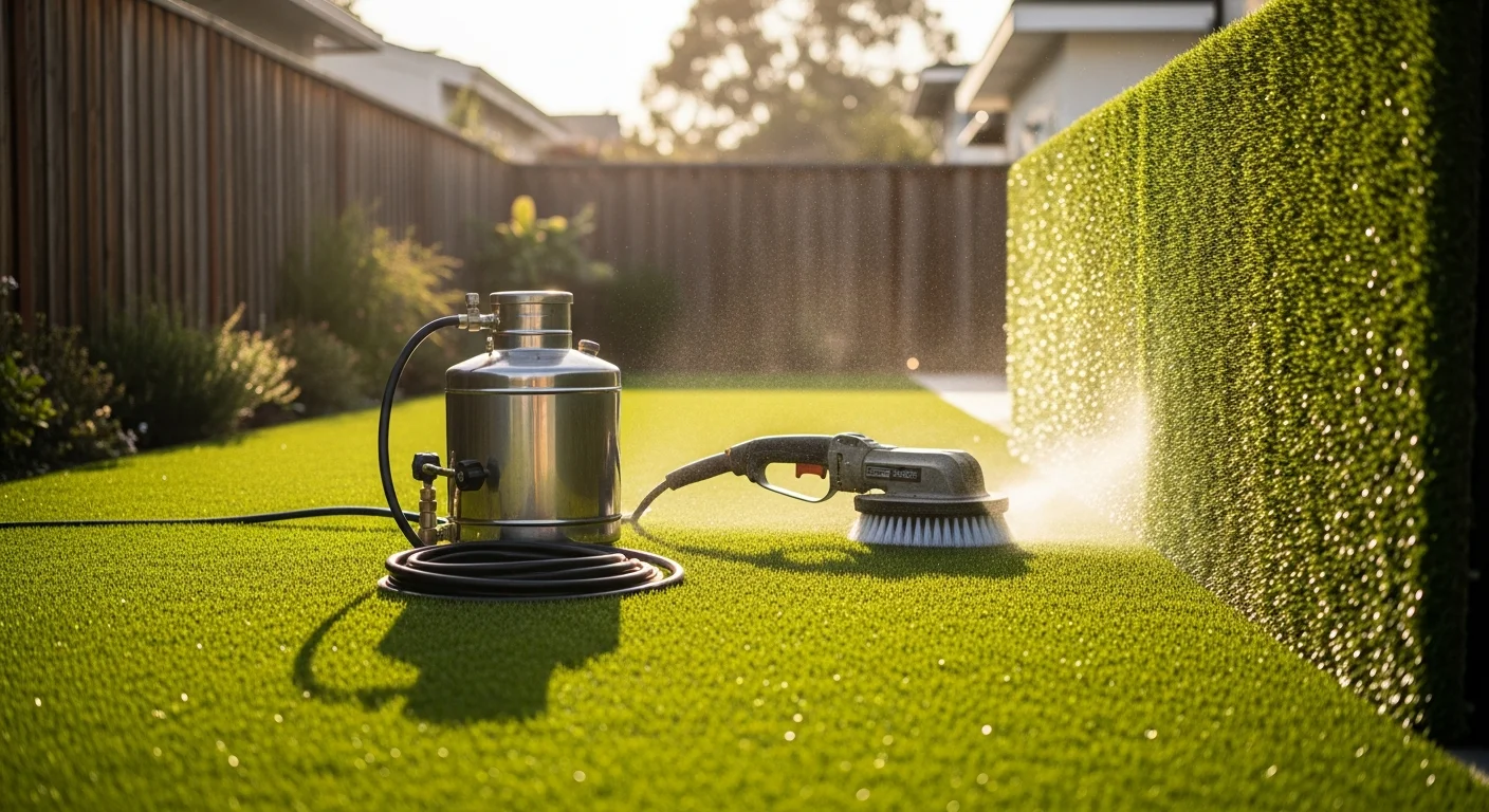 A clean, upright artificial turf surface in a Solana Beach backyard pet area after professional deodorizing and sanitizing service. Turf fibers are fully lifted and the surface shows no visible debris, staining, or matting.